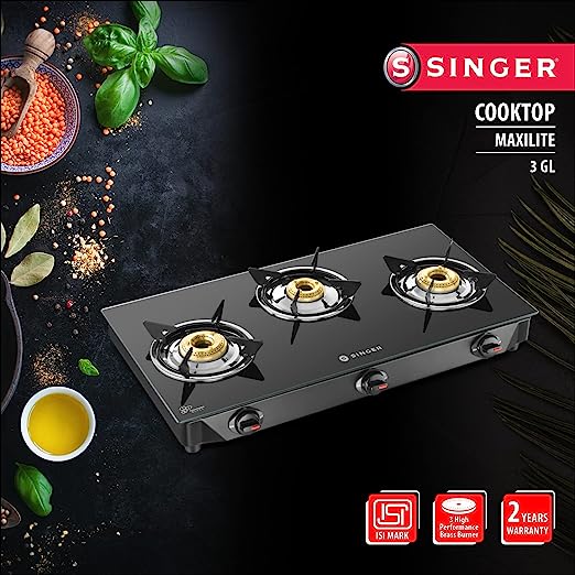 Singer 3 Burner Gas Stove Glass Top Manual Ignition - Maxilite 3GL (Black) Singer 3 Burner Gas Stove Glass Top Manual Ignition - Maxilite 3GL (Black)